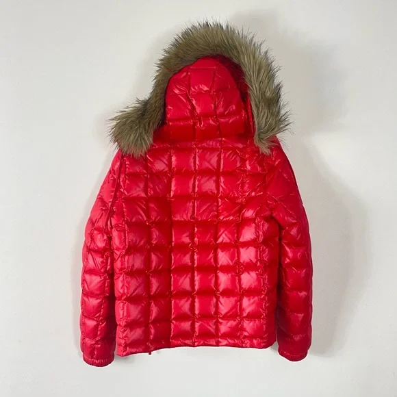 J. Crew Short Quilted Down Puffer Jacket with Faux Fur Trim Hood in Red - M - Picture 11 of 15